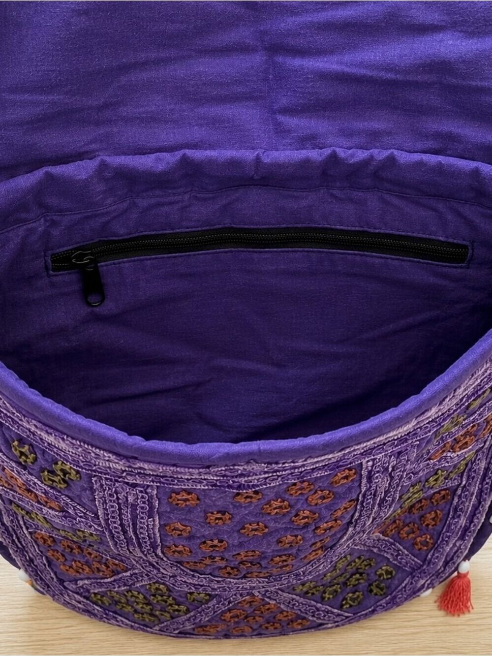 Boho Purple Embroidered Crossbody Messenger Bag with Mirror Work & Tassels - Picture 4 of 4